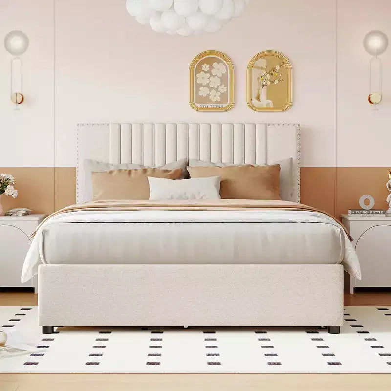 Letto a piattaforma imbottito MAYEERTY con 2 cassetti e letto estraibile, telaio in MDF e compensato con capacità di 400 libbre