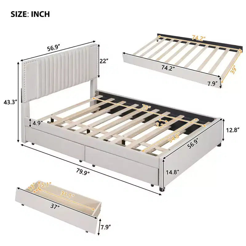 Letto a piattaforma imbottito MAYEERTY con 2 cassetti e letto estraibile, telaio in MDF e compensato con capacità di 400 libbre