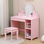 Toeletta per Bambini con Specchio Illuminato e Sgabello, Mobile Trucco 2 in 1 con Cassetto Contenitore e Scaffali per Bambine 3-9 Anni Rosa