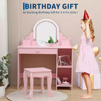 Toeletta per Bambini con Specchio Illuminato e Sgabello, Mobile Trucco 2 in 1 con Cassetto Contenitore e Scaffali per Bambine 3-9 Anni Rosa