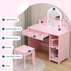 Toeletta per Bambini con Specchio Illuminato e Sgabello, Mobile Trucco 2 in 1 con Cassetto Contenitore e Scaffali per Bambine 3-9 Anni Rosa