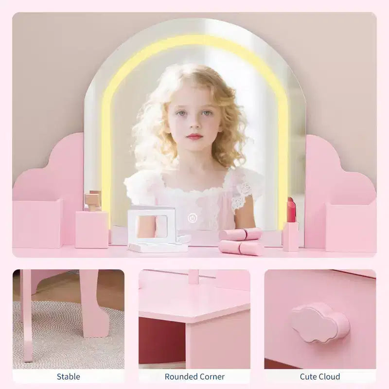 Toeletta per Bambini con Specchio Illuminato e Sgabello, Mobile Trucco 2 in 1 con Cassetto Contenitore e Scaffali per Bambine 3-9 Anni Rosa