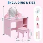 Toeletta per Bambini con Specchio Illuminato e Sgabello, Mobile Trucco 2 in 1 con Cassetto Contenitore e Scaffali per Bambine 3-9 Anni Rosa
