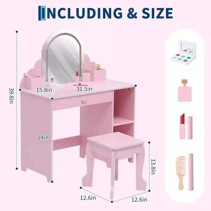 Toeletta per Bambini con Specchio Illuminato e Sgabello, Mobile Trucco 2 in 1 con Cassetto Contenitore e Scaffali per Bambine 3-9 Anni Rosa