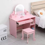 Toeletta per Bambini con Specchio Illuminato e Sgabello, Mobile Trucco 2 in 1 con Cassetto Contenitore e Scaffali per Bambine 3-9 Anni Rosa