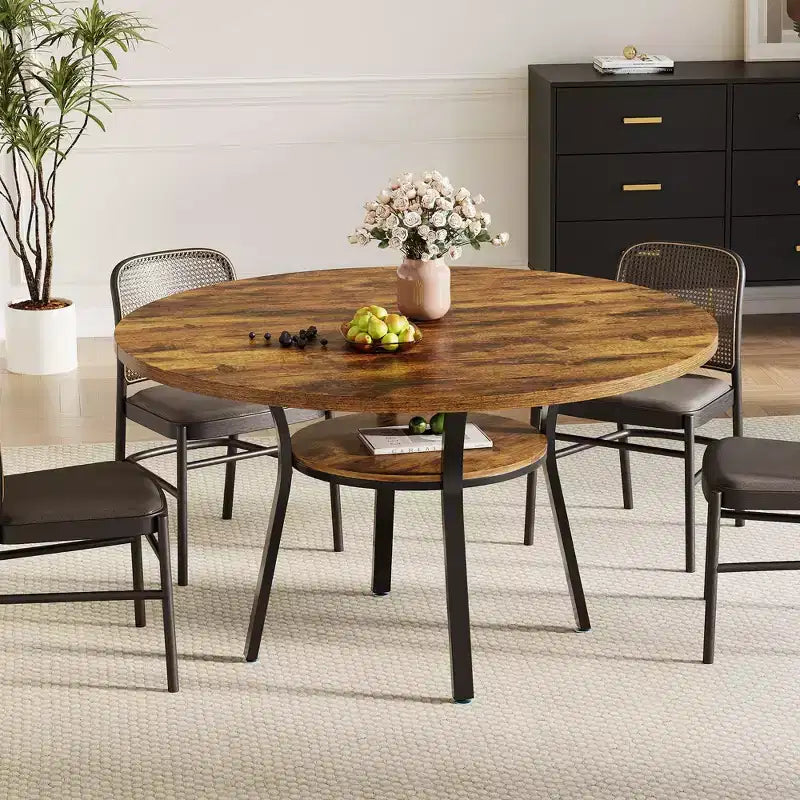 Tavolo da pranzo rotondo da 47 pollici per 4-6 persone, tavolo da cucina in legno con ripiano portaoggetti, tavolo da pranzo circolare moderno, tavolo da colazione per soggiorno, senza sedie