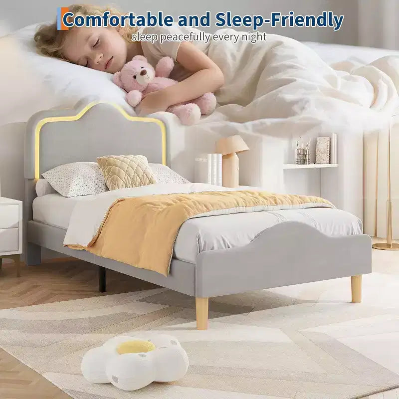 Letto a piattaforma in velluto completo/matrimoniale/queen con testiera e pediera regolabili, supporto a doghe in legno, nessun materasso a molle richiesto, beige