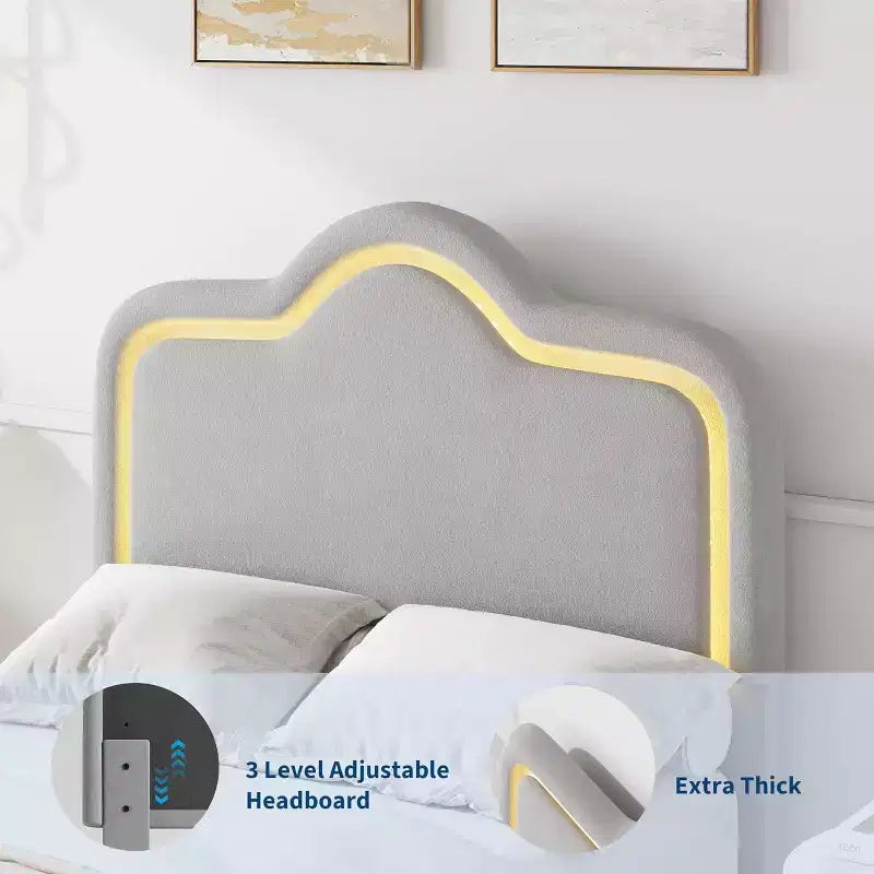 Letto a piattaforma in velluto completo/matrimoniale/queen con testiera e pediera regolabili, supporto a doghe in legno, nessun materasso a molle richiesto, beige