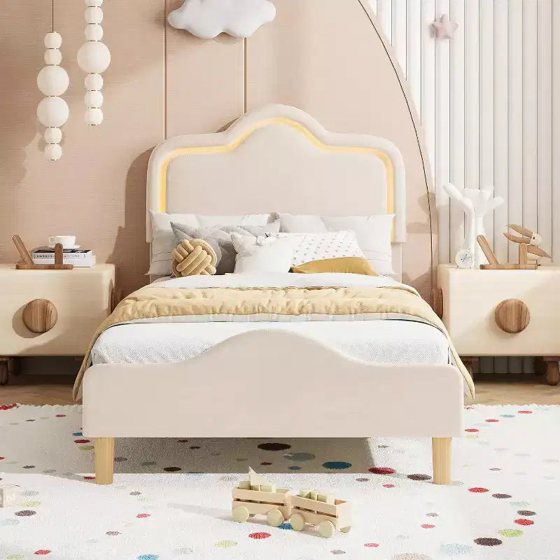 Letto a piattaforma in velluto completo/matrimoniale/queen con testiera e pediera regolabili, supporto a doghe in legno, nessun materasso a molle richiesto, beige