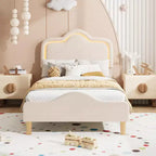 Letto a piattaforma in velluto completo/matrimoniale/queen con testiera e pediera regolabili, supporto a doghe in legno, nessun materasso a molle richiesto, beige