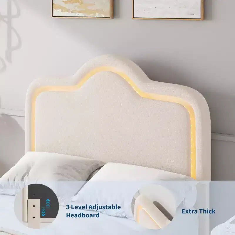 Letto a piattaforma in velluto completo/matrimoniale/queen con testiera e pediera regolabili, supporto a doghe in legno, nessun materasso a molle richiesto, beige