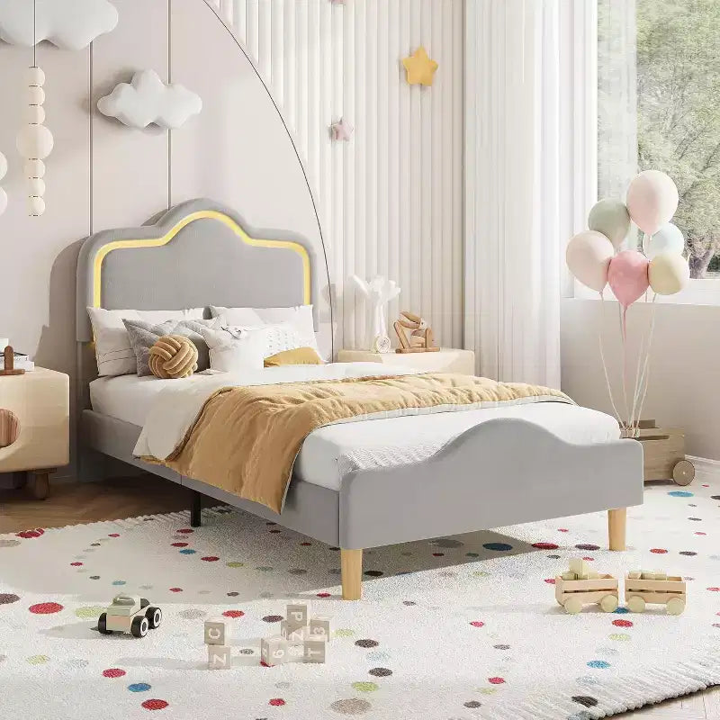 Letto a piattaforma in velluto completo/matrimoniale/queen con testiera e pediera regolabili, supporto a doghe in legno, nessun materasso a molle richiesto, beige