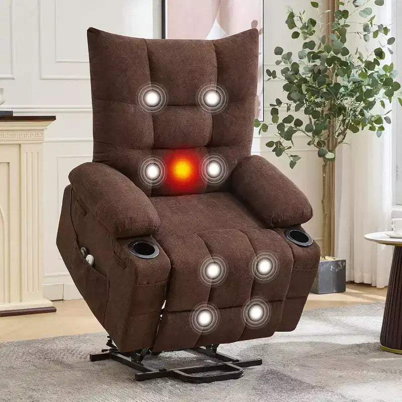 Poltrona Reclinabile Power Lift per Anziani - Recliner Elettrico Massaggiante e Riscaldante con Assistenza in Piedi a 45°, Dondolo Girevole con Portabicchieri, Poltrona Relax Reclinabile