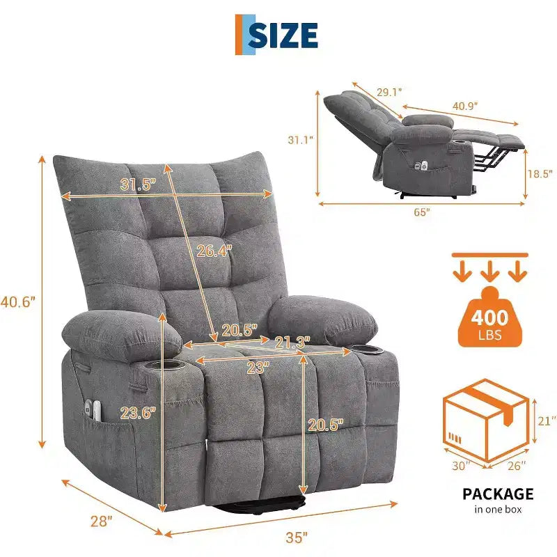 Poltrona Reclinabile Power Lift per Anziani - Recliner Elettrico Massaggiante e Riscaldante con Assistenza in Piedi a 45°, Dondolo Girevole con Portabicchieri, Poltrona Relax Reclinabile