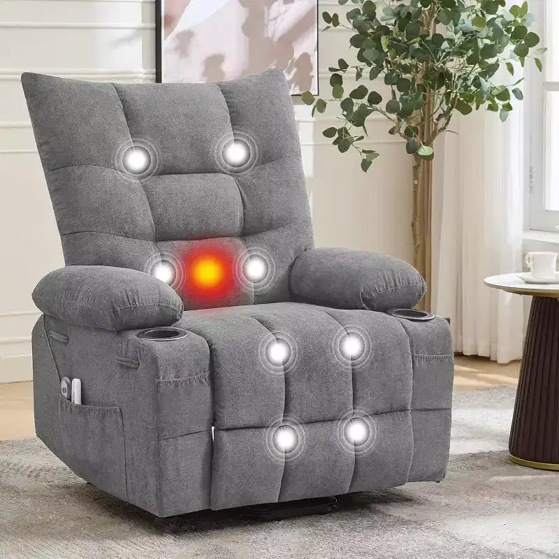 Poltrona Reclinabile Power Lift per Anziani - Recliner Elettrico Massaggiante e Riscaldante con Assistenza in Piedi a 45°, Dondolo Girevole con Portabicchieri, Poltrona Relax Reclinabile