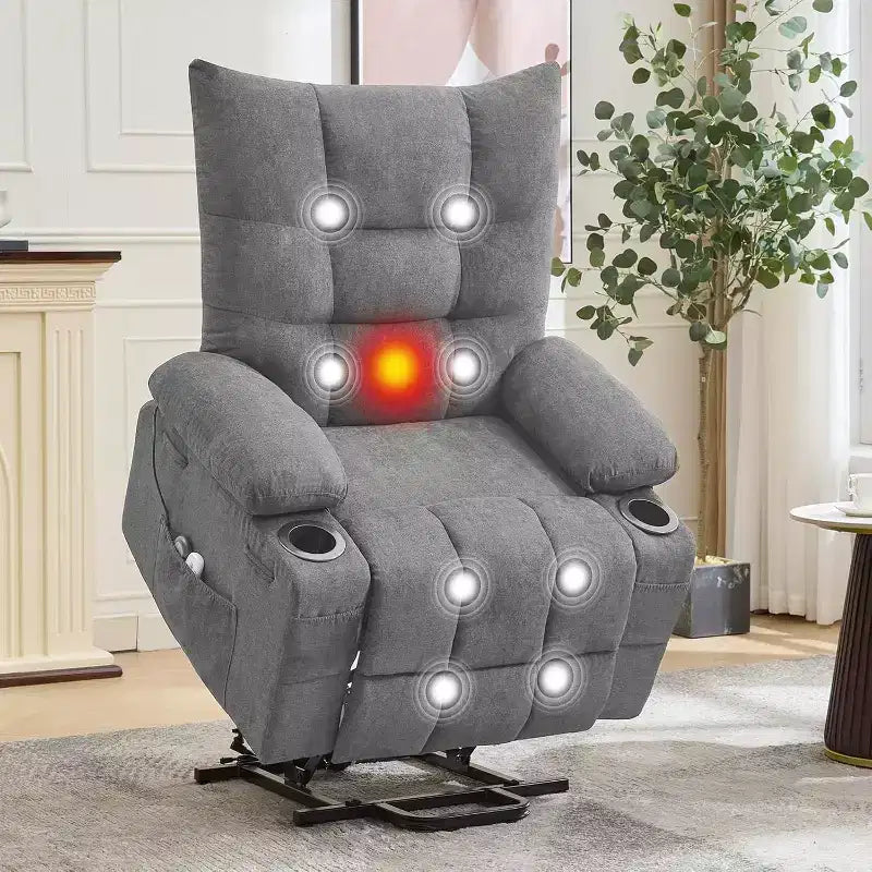 Poltrona Reclinabile Power Lift per Anziani - Recliner Elettrico Massaggiante e Riscaldante con Assistenza in Piedi a 45°, Dondolo Girevole con Portabicchieri, Poltrona Relax Reclinabile