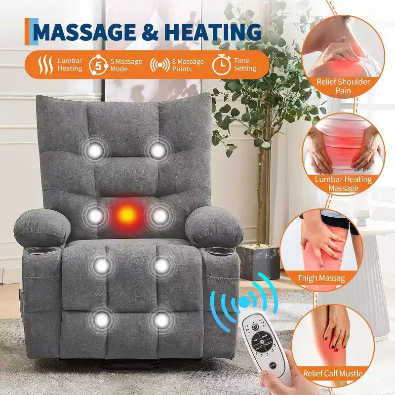 Poltrona Reclinabile Power Lift per Anziani - Recliner Elettrico Massaggiante e Riscaldante con Assistenza in Piedi a 45°, Dondolo Girevole con Portabicchieri, Poltrona Relax Reclinabile
