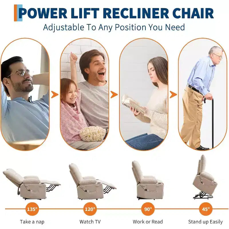 Poltrona Reclinabile Power Lift per Anziani - Recliner Elettrico Massaggiante e Riscaldante con Assistenza in Piedi a 45°, Dondolo Girevole con Portabicchieri, Poltrona Relax Reclinabile