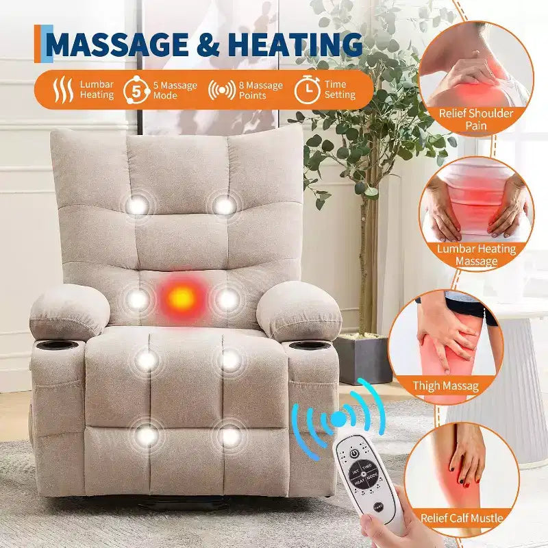 Poltrona Reclinabile Power Lift per Anziani - Recliner Elettrico Massaggiante e Riscaldante con Assistenza in Piedi a 45°, Dondolo Girevole con Portabicchieri, Poltrona Relax Reclinabile
