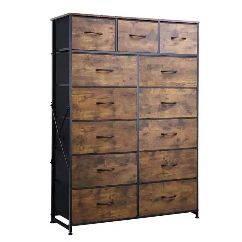 Cassettiera accogliente con 13 cassetti in tessuto e telaio in metallo, mobile contenitore alto con piano in legno, cassettiera per camera da letto, ingresso, soggiorno