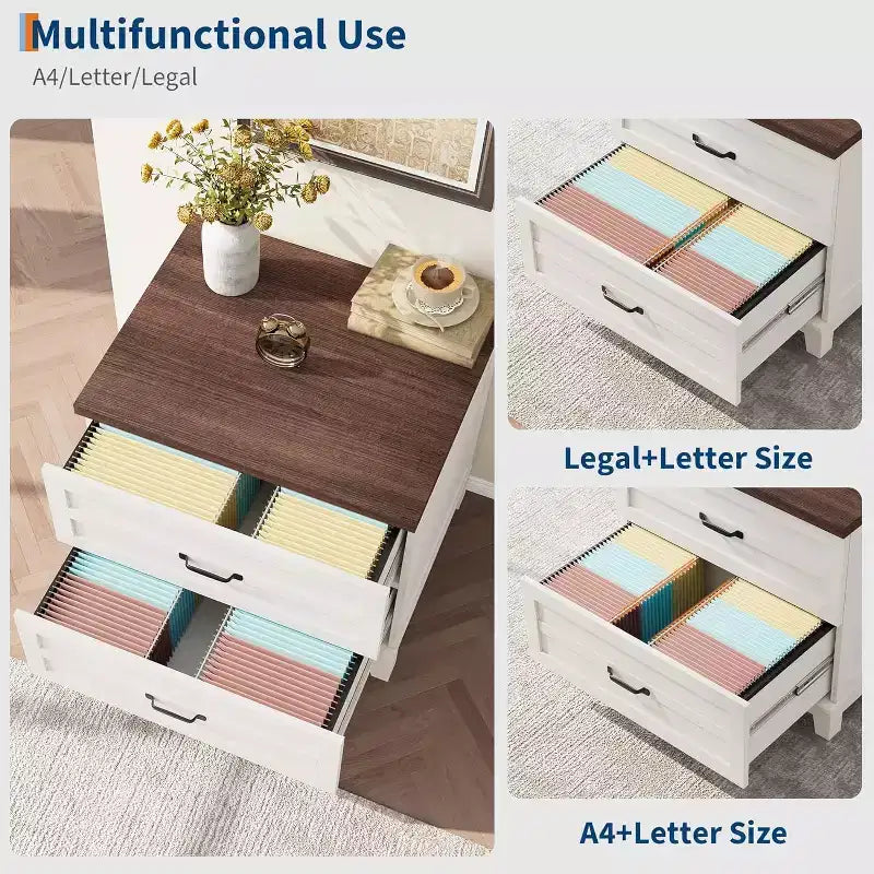Classificatore laterale con 2 cassetti più profondi, grande schedario in legno stile rustico con appendiabiti per documenti legali/lettera/A4, per ufficio a casa