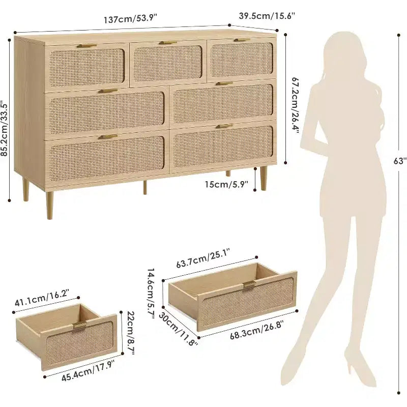Cassettiera in Rattan a 7 Cassetti - Cassettone Alto in Legno con Cassetti Profondi e Piano Largo per Camera da Letto, Soggiorno, Corridoio o Cabina Armadio