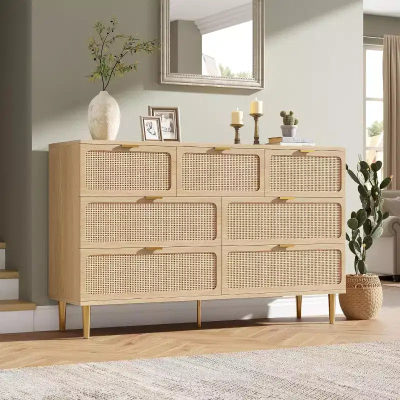 Cassettiera in Rattan a 7 Cassetti - Cassettone Alto in Legno con Cassetti Profondi e Piano Largo per Camera da Letto, Soggiorno, Corridoio o Cabina Armadio