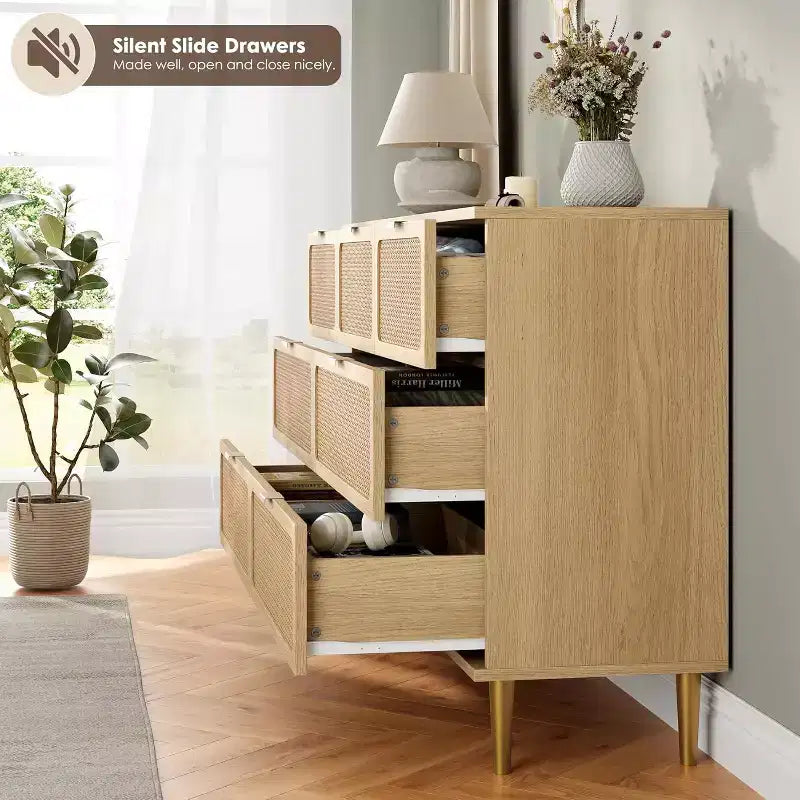Cassettiera in Rattan a 7 Cassetti - Cassettone Alto in Legno con Cassetti Profondi e Piano Largo per Camera da Letto, Soggiorno, Corridoio o Cabina Armadio
