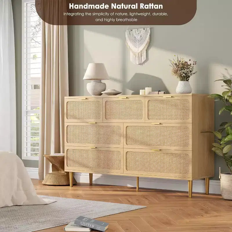 Cassettiera in Rattan a 7 Cassetti - Cassettone Alto in Legno con Cassetti Profondi e Piano Largo per Camera da Letto, Soggiorno, Corridoio o Cabina Armadio