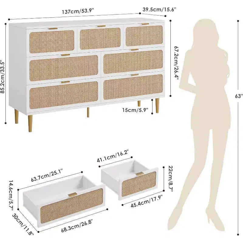 Cassettiera in Rattan a 7 Cassetti - Cassettone Alto in Legno con Cassetti Profondi e Piano Largo per Camera da Letto, Soggiorno, Corridoio o Cabina Armadio