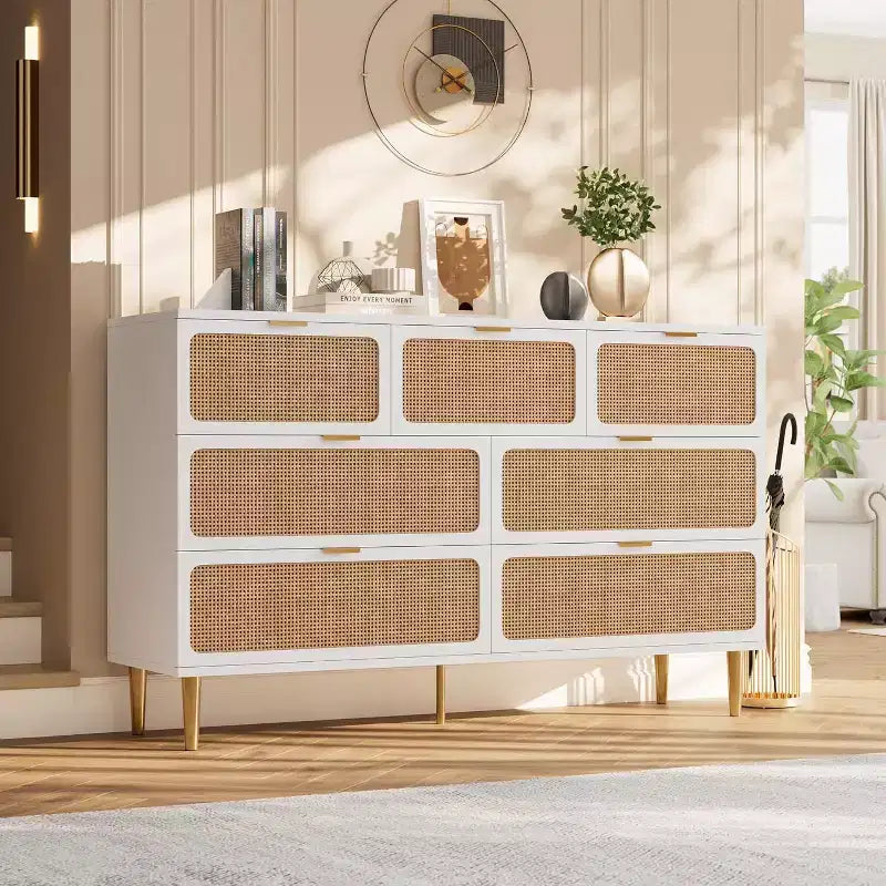 Cassettiera in Rattan a 7 Cassetti - Cassettone Alto in Legno con Cassetti Profondi e Piano Largo per Camera da Letto, Soggiorno, Corridoio o Cabina Armadio