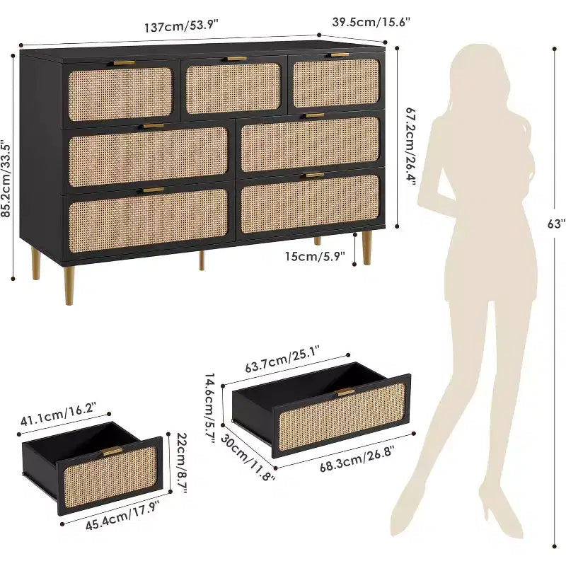 Cassettiera in Rattan a 7 Cassetti - Cassettone Alto in Legno con Cassetti Profondi e Piano Largo per Camera da Letto, Soggiorno, Corridoio o Cabina Armadio