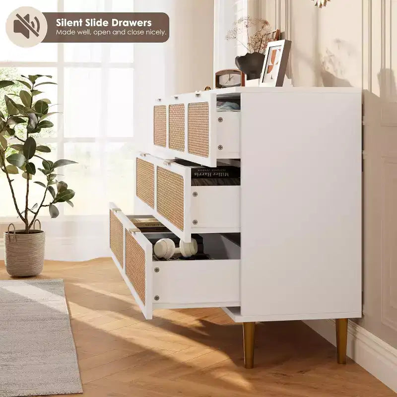 Cassettiera in Rattan a 7 Cassetti - Cassettone Alto in Legno con Cassetti Profondi e Piano Largo per Camera da Letto, Soggiorno, Corridoio o Cabina Armadio