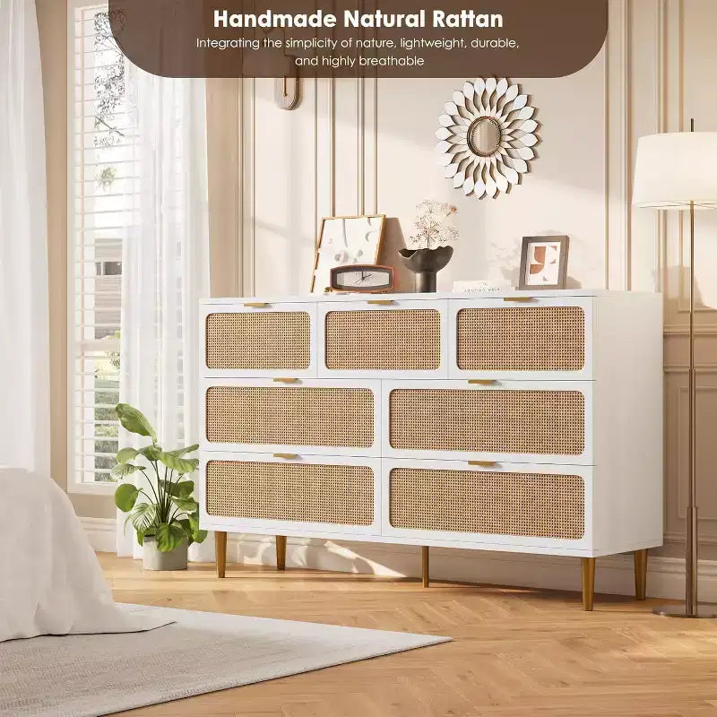 Cassettiera in Rattan a 7 Cassetti - Cassettone Alto in Legno con Cassetti Profondi e Piano Largo per Camera da Letto, Soggiorno, Corridoio o Cabina Armadio
