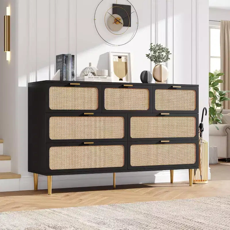 Cassettiera in Rattan a 7 Cassetti - Cassettone Alto in Legno con Cassetti Profondi e Piano Largo per Camera da Letto, Soggiorno, Corridoio o Cabina Armadio