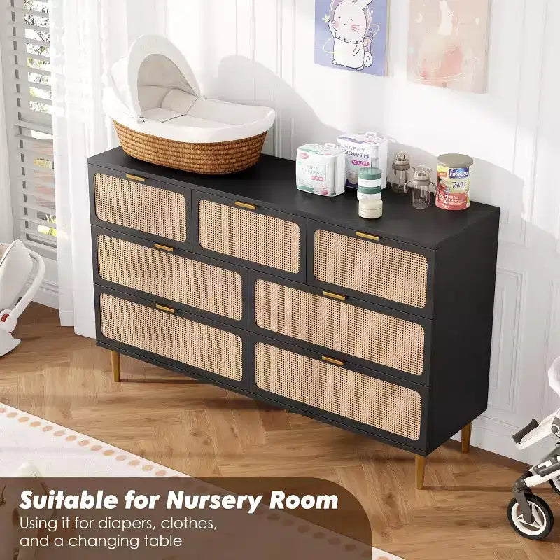 Cassettiera in Rattan a 7 Cassetti - Cassettone Alto in Legno con Cassetti Profondi e Piano Largo per Camera da Letto, Soggiorno, Corridoio o Cabina Armadio