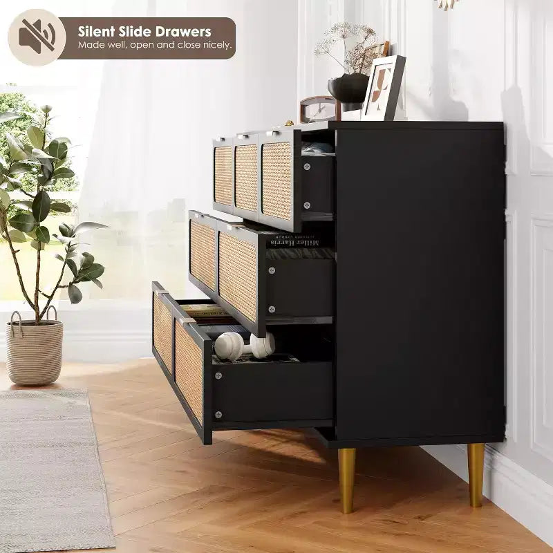 Cassettiera in Rattan a 7 Cassetti - Cassettone Alto in Legno con Cassetti Profondi e Piano Largo per Camera da Letto, Soggiorno, Corridoio o Cabina Armadio