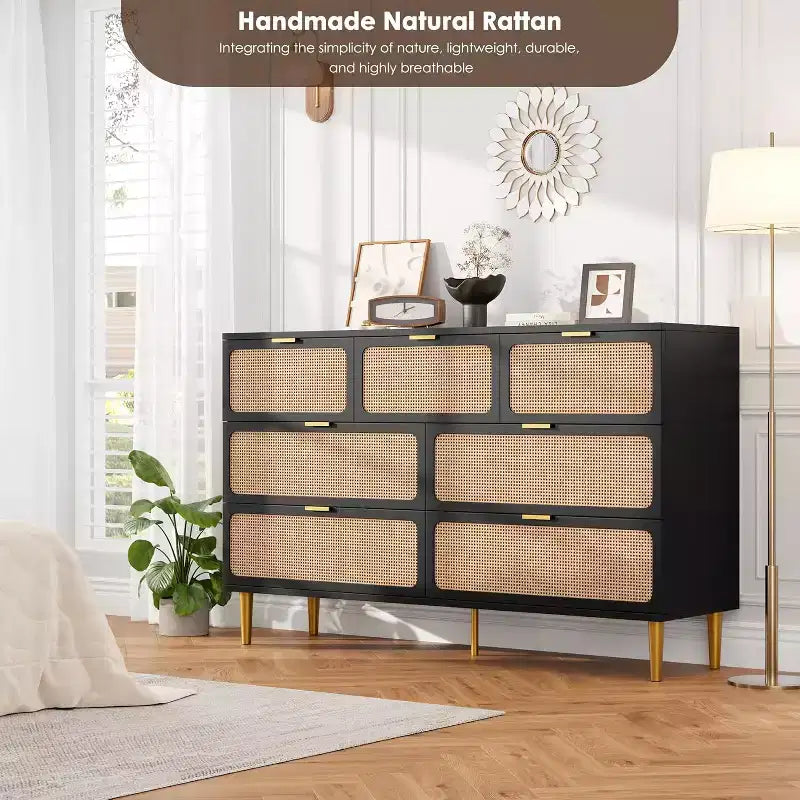 Cassettiera in Rattan a 7 Cassetti - Cassettone Alto in Legno con Cassetti Profondi e Piano Largo per Camera da Letto, Soggiorno, Corridoio o Cabina Armadio