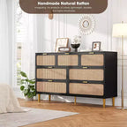 Cassettiera in Rattan a 7 Cassetti - Cassettone Alto in Legno con Cassetti Profondi e Piano Largo per Camera da Letto, Soggiorno, Corridoio o Cabina Armadio