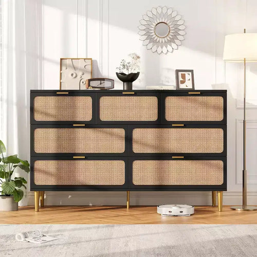 7-Drawer Rattan Dresser - Tall Wooden Chest with Deep Drawers & Wide Top for Bedroom, Living Room, Hallway or Closet
