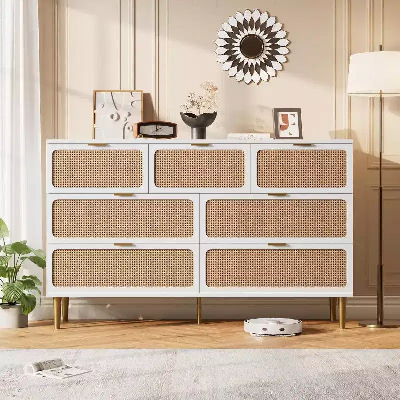 Cassettiera in Rattan a 7 Cassetti - Cassettone Alto in Legno con Cassetti Profondi e Piano Largo per Camera da Letto, Soggiorno, Corridoio o Cabina Armadio
