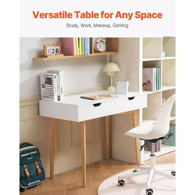 VEVOR Scrivania Piccola con Cassetti, Scrivania per Bambini per Camera da Letto, Tavolo Rettangolare in MDF per Studio e Conservazione per Casa, Ufficio, Bianco + Legno