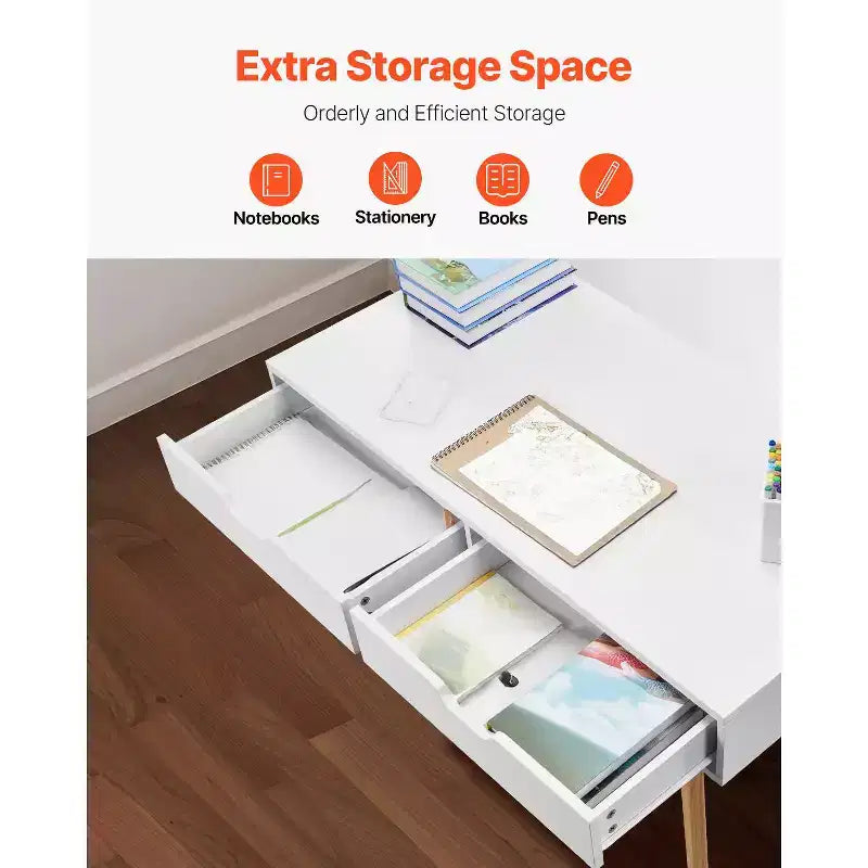 VEVOR Scrivania Piccola con Cassetti, Scrivania per Bambini per Camera da Letto, Tavolo Rettangolare in MDF per Studio e Conservazione per Casa, Ufficio, Bianco + Legno