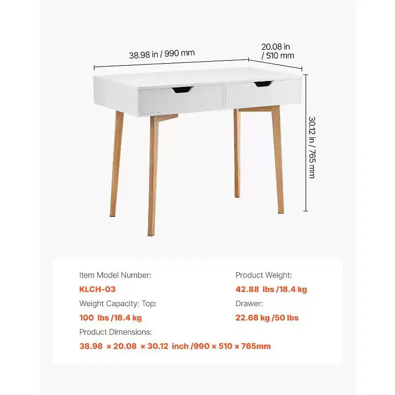 VEVOR Scrivania Piccola con Cassetti, Scrivania per Bambini per Camera da Letto, Tavolo Rettangolare in MDF per Studio e Conservazione per Casa, Ufficio, Bianco + Legno
