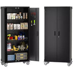 Acekool Metal Storage Cabinet with Wheels, Lockable Steel Organizer with Pegboard and 4 Adjustable Shelves for Garage, Home, Office