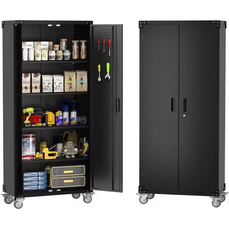 Acekool Metal Storage Cabinet with Wheels, Lockable Steel Organizer with Pegboard and 4 Adjustable Shelves for Garage, Home, Office