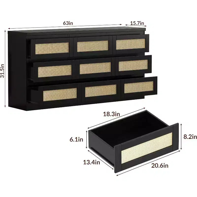 Cassettiera a 9 cassetti in rattan Acekool con stazione di ricarica, organizer a cassetti in stile rustico per camera da letto, soggiorno, corridoio