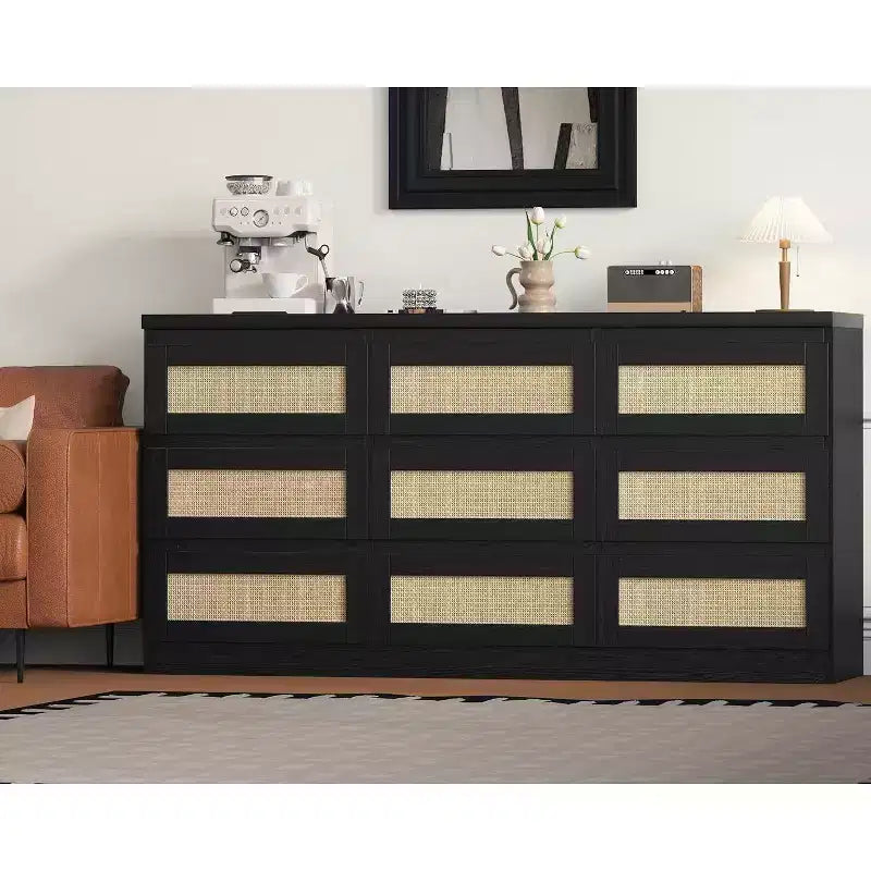 Cassettiera a 9 cassetti in rattan Acekool con stazione di ricarica, organizer a cassetti in stile rustico per camera da letto, soggiorno, corridoio
