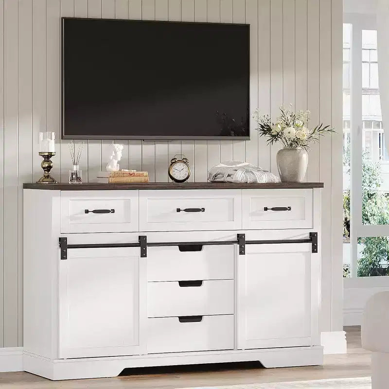 Acekool Comò a 6 cassetti in stile rustico con ante scorrevoli a fienile, Cassettiera rustica e mobile porta TV per camera da letto e soggiorno