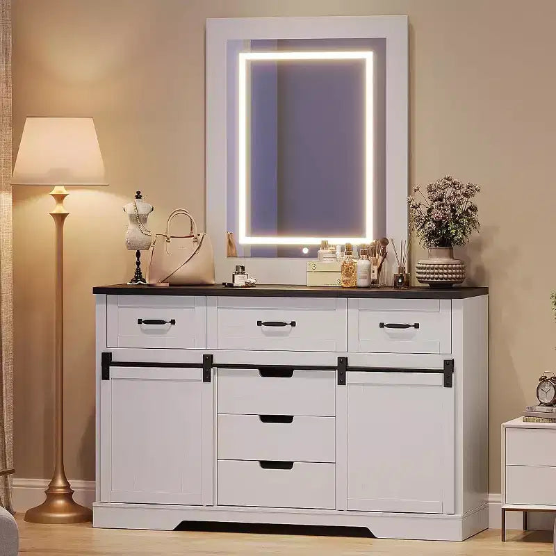 Acekool Comò a 6 cassetti in stile rustico con ante scorrevoli a fienile, Cassettiera rustica e mobile porta TV per camera da letto e soggiorno
